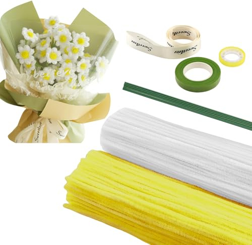 FloralGrace 300 Stück Pfeifenputzer zum Basteln,Daisy Blumenstrauß Pfeifenreiniger,3 Farben Chenilledrah Lang Pfeifenreiniger Pipe Cleaner mit Band und Blumenstäbe