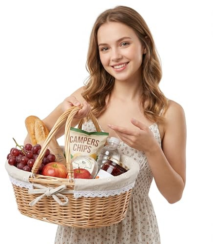 Easter Wicker Picnic Basket with Handles: Vintage Woven Storage Basket Small Rattan Easter Eggs Garden Strawberry Canasta Tray with Liner for Market Home Kitchen Camping Essentials
