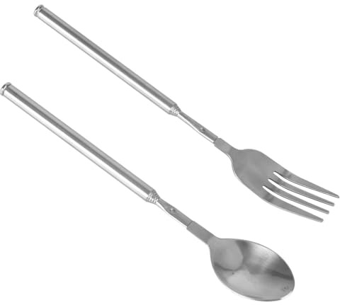 Cucchiaio Forchetta Estensibile 8,7-25 Pollici, 2 Pezzi Forchetta Retrattile in Acciaio Inox Cucchiaio Telescopico per Barbecue e Stoviglie, Cena Frutta Dessert
