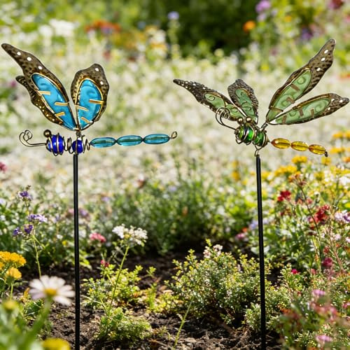 2Pcs Dragonfly Garden Stake Decor,Metal Yard Art Ornaments,Vibrant Outdoor Lawn Decor with Ground Stake,Dragonfly Stake Decor Glows In The Dark,Vibrant Garden Decor, Dragonfly Metal Art Stakes