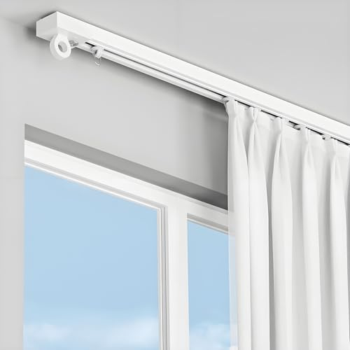 Selbstklebende Vorhangschiene Ohne Bohren – Gardinenschiene 50-600cm Gardinenschienensystem für Fenster, Schlafzimmer Dusche Schrank & Wohnmobile Duschvorhangstange Klebeschiene(0.50m)
