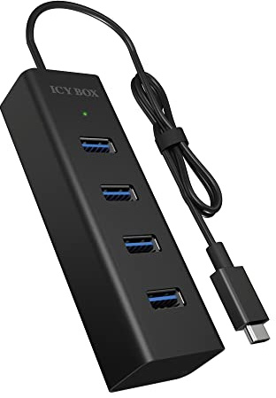 ICY BOX 60256 4-vägs USB 3-hub (4 x USB-A 3.0), USB-C 3-anslutning, aluminium, integrerad kabel, svart