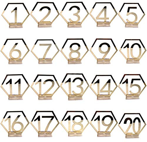 Amosfun 1-20 Hochzeit Tischnummern Acryl Spiegel Silber Zahlen platzhalter Tischständer Karten Nummernschild Dekore für Hochzeit Geburtstag (Golden)