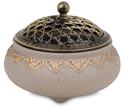 Keramik Weihrauchbrenner Räuchergefäß Räucherstäbchenhalter Halter Rund Chinesisch Porzellan Räucherschale mit Feuerfeste Matte und Metall Deckel für Home Deko Geschenk