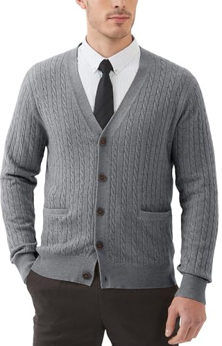 Kallspin Cardigan pour Homme Boutonné en Laine à Col en V et à Manches Longues Tricot Torsadé Gilets (Gris Clair, 3XL)