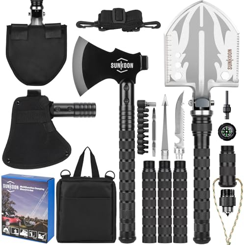 Survival Shovel Survival Ax, Camping Folding Shovels Hatchet med 19,2–37,8 tum långt handtag förstärkt axelhuvud högkolstål med förvaringspåse för camping cykling vandring