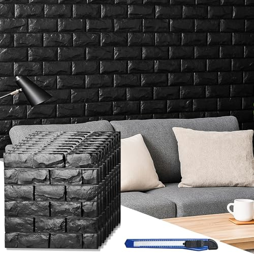 Lot de 20 panneaux muraux 3D à coller et à peler, faux panneaux imprimables en brique noire, autocollants, imperméables, pour chambre à coucher, salle de bain, cuisine, cheminée (couverture de 1,8 m²)