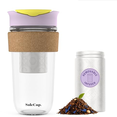 SoleCup. Large Travel Mug Loose Tea Infuser - Detachable Tea Strainer with Spill Proof Lid - 18oz/530ml BPA-Free Reusable Glass Travel Coffee Cup with Cork Band (Ice Cream, 530ml / 18oz)