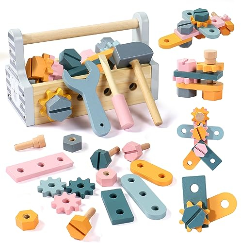 Petfu Werkzeugkoffer Kinder Montessori Spielzeug ab 2 3 4 Jahre Holzspielzeug Kinderspielzeug Werkzeugkasten Lernspiele ab 3 Jahren Werkzeug Kinder Geburtstagsgeschenk Mädchen Junge 2 3 4 Jahre