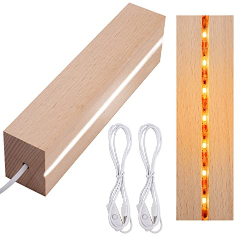 2-Piece LED Lights Display Stand - Wooden Base for DIY Acrylic Plate, Resin, Glass, Crystal Art - Warm/White Light - Square