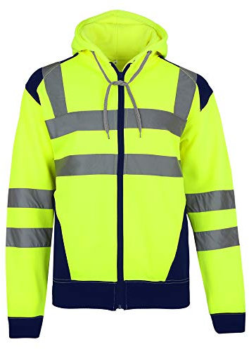 Hi Vis Viz Hoodie Zipper High Visibility Reflective Tape Band Work Fleece Safety Zip Hooded Top Jacket Warm Security Plus Sizes Small - 5XL (as8, alpha, one_size, regular, regular, Yellow, L)