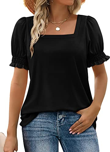 WIHOLL Plus Size Shirts for Women Black Summer Tops Puff Short Sleeve Square Neck 3XL