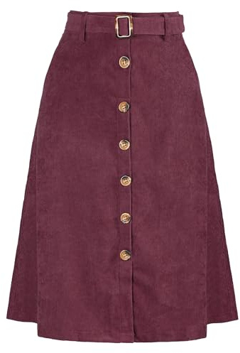 Allegra K Faldas midi de cintura alta para mujer, falda acampanada de pana con cinturón frontal y botones, granate, 40