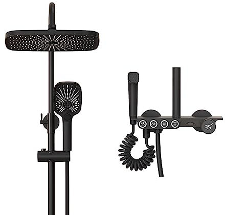 Boyuan Colonne De Douche Noir Mitigeur Thermostatique Système De Douche LED Affichage Numérique en Laiton 4 Fonctions avec Pommeau De Douche, Douchette À 3 Modes, Bidet, ​Robinet De Baignoire