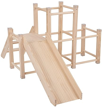 KiddyMoon Klettergerüst Indoor Holz Spielplatz Mit Rutsche Anti-Rutsch Pads Stabile Konstruktion, Beige