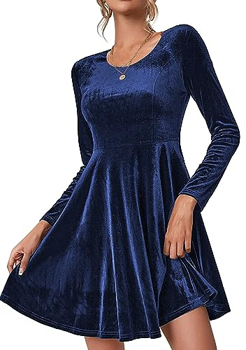 Zeagoo Samtkleid Damen Langarm Abendkleid Weihnachtskleid Rundhals Partykleid Festliche Kleider Knielang Winterkleid Cocktailkleid