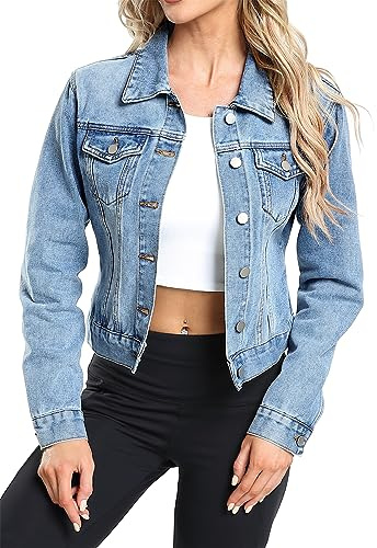 andy & natalie Jean Jacket Women Fashion Denim Jackets Long Sleeve Basic Button Down Cropped Jean Jacket with Pocketss Blue #02 Small
