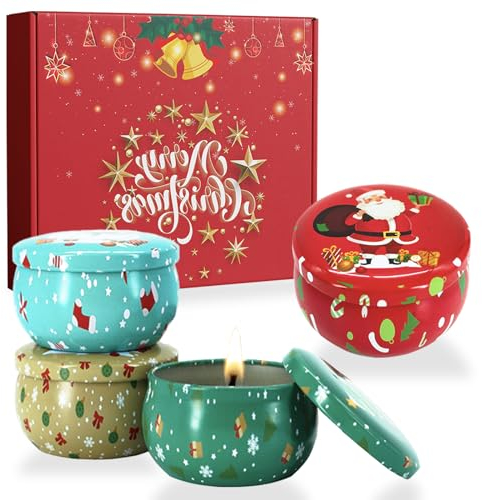 4 Stück Weihnachten Duftkerzen Geschenk Set,100% Natürliches Sojawachs Aromatherapie Kerzen für Stressabbau Entspannung des Körpers,18 Stunden Brenndauer Tragbare Reisekerzen für Weihnachten