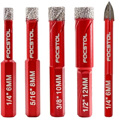 FOCSTOL Set Punte Trapano Diamantate - 5 pezzi 6/8/10/12mm Sega a Tazza Diamantata con Gambo Esagonale+6mm Trapano Carburo con Gambo a Triangolo per Porcellanato Ceramica Marmo Granito
