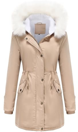 BAILEYU Damen Winter Schneemantel Warme Skijacke Outdoor Fleece Parka mit Kapuze und Abnehmbarem Pelzbesatz Winddicht,Beige,3XL(Bust:136cm)