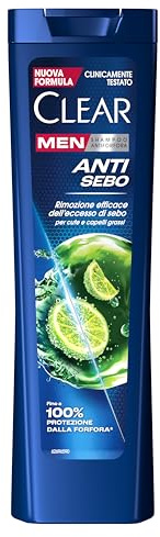 Clear Shampoo Anti Sebo, Shampoo Antiforfora Capelli Grassi, con Niacinamide ed Estratti di Limone, Contro l'Eccesso di Sebo, Shampoo Uomo, Fino a 100% Protezione dalla Forfora*, Formato 225ml