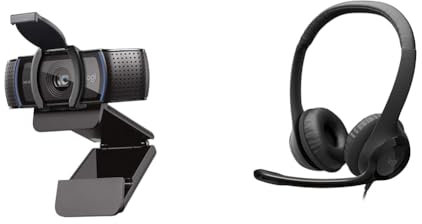 Logitech C920S HD Pro Webcam, Videochiamata Full HD 1080p/30fps, Audio Stereo ‎Chiaro & H390 Cuffie Cablate, Cuffia Stereo con Microfono Regolabile con Cancellazione del ‎‎Rumore