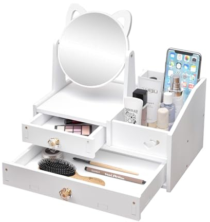SAVOSWEET Portatrucchi Organizzatore con Specchio e Cassetti,Organizer per trucco con cassetti e Specchiera,Organizzatore Trucchi,Organizzatore Cosmetico Per Toletta