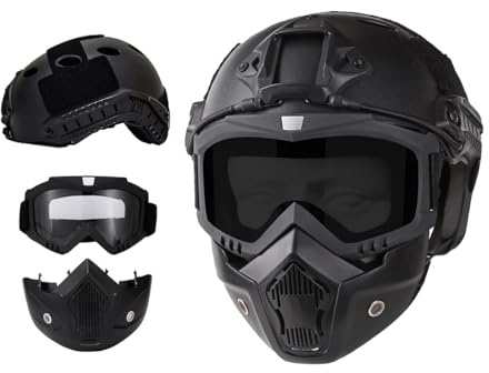Casco tattico Airsoft e maschera integrale con occhiali rimovibili con supporto NVG anteriore e guida laterale PJ FAST Helmet