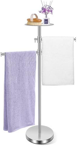Alyvisun Bathroom Free Standing Towel Rail, Weighted-base Towel Rack with Tray and 2 Extendable Arms [Height Adjustable & 360° Rotatable], Stainless Steel Floor Standing Towel Drying Rack