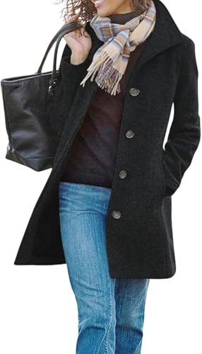 yoeasy Abrigo casual de mezcla de lana gruesa para mujer, abrigo de guisante, cuello alto, de un solo pecho, para invierno, de longitud media, Negro, L