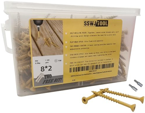SSWJTOOL Deck Screws 2 Inch, Wood Screws #8 x 2 Rust Resistant, 650 PCS, Exterior Epoxy Coated, Outdoor Decking Screws, Torx/Star Drive Head Screw