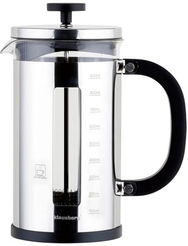 Klausberg Teezubereiter Kaffeebereiter French Press 1L / 9 Tassen, Kaffeepresse aus Edelstahl und Glas, Kaffeekanne, Teekanne, Teebereiter, French Press filter, Teekocher, Silber (KB-7703)