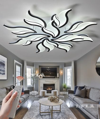 Moderne LED Deckenleuchte 96W 8910LM dimmbare Groß Wohnzimmerlampe 12 Heads Geometrisches Design mit Fernbedienung & Memory Funktion Deckenbeleuchtung Schwarz Schlafzimmer Augenpflege Deckenlampe 90cm