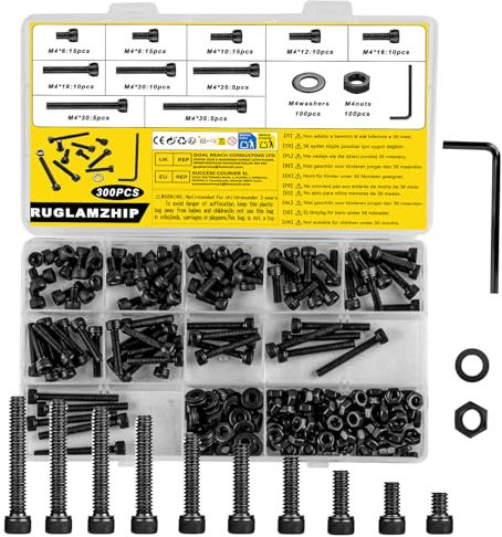 300 Pcs Vis M4, Boulons Vis à Tête Cylindrique à Six Pans Creux et écrous et Rondelles, Visserie Inox Kit Assortiment Vis à Six Pans Creux et écrous, Boulons et Ecrous Vis à Tête Hexagonale(Noir)