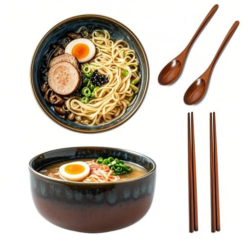 Haayymo Lot de 2 bols à ramen en céramique avec baguettes et cuillères de 1 200 ml de style japonais rétro en porcelaine pour micro-ondes, ensemble cadeau pour salade, pâtes (bleu paon)