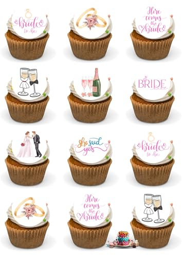 Bride to Be Edible Cupcake Toppers Wedding Cupcake Decorations I Do Love Heart Ring Cupcake for Wedding Engagement Bridal Shower Party Hen do Cake Decoration 24 Precut Edible Wafer Card