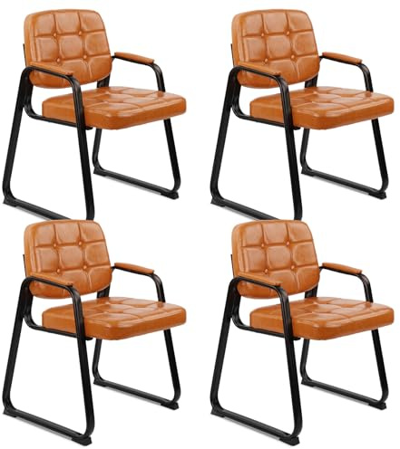 CLATINA Office Guest Chair, Leather Reception Chairs with Padded Arms, Desk Chair No Wheels Stationary for Conference Lobby Waiting Room Training Side Elderly, Set of 4-Orange