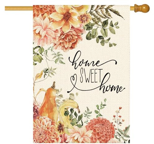Tikeciti Drapeau de jardin « Dahlia Sweet Home » - 71,1 x 101,6 cm - Double face - Citrouille d'automne - En toile de jute - Grand drapeau de maison de campagne - Vacances saisonnières - Patio