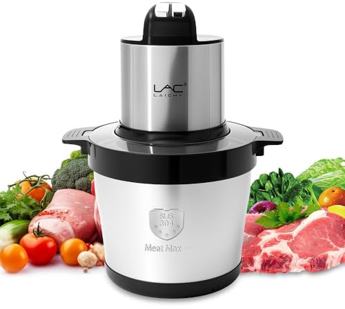 Robot de cuisine de grande capacité, hachoir électrique à viande avec bol en acier inoxydable, 3 vitesses, 4 lames à deux niveaux et spatule pour viande, oignon, légumes, fruits (6 l, noir)