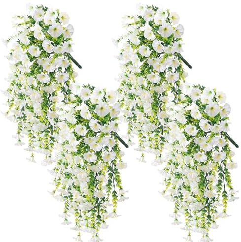 Toyhood 4 Pcs Artificial Hanging Flowers, UV-Resistant Fake Hanging Plant Flower Bouquet 75cm Fake Trailing Plants Vine Plants Drooping Plants for Home Wall Garden Indoor Outdoor Decoration (White)