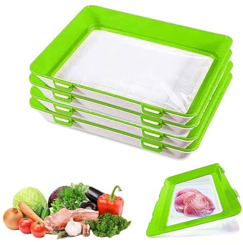 Stretch Storage Fresh Silicone Food Trays, 4Pcs Cold Meat Containers for Fridge Stackable Vacuum Food Preservation Tray with Elastic Lid Freezer Storage Boxes for Meat Vegetable Fruit (Green)