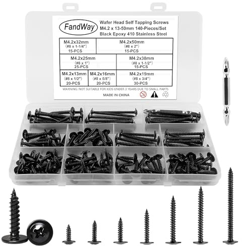 FandWay 140 Pièces Vis Autotaraudeuses Noir,M4,2x13 à 50 mm Vis à Bois en Acier Inoxydable 410 Vis à Tôle et Autotaraudeses Cruciforme Tête Ronde Large Bombé avec 1 Bits pour Aluminium Bois Plastique.