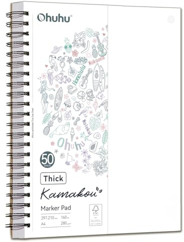 Ohuhu A4 Bleedproof Sketchbook, Double-Sided Marker Pad Upgraded 280GSM Super Thick Paper, 50 Sheets (100 Pages), A4 Spiral Bound Sketch Book for Alcohol Markers & Watercolour