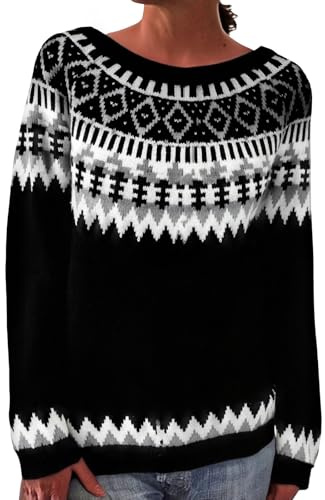 Fair Isle Sweater Women Crew Neck Knitted Oversized Cozy Sweater Vintage Cute Fall Winter Warm Comfy Pullover Tops Teen-Girls Laidies Thermal Argyle Sueters De Mujeres Casuales Black L