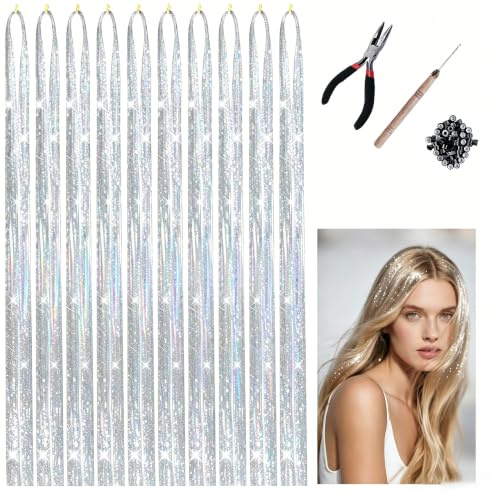 10 fils cheveux Argent brillants, guirlande 120 cm avec accessoires, Perruque Scintillante pour carnaval et fêtes