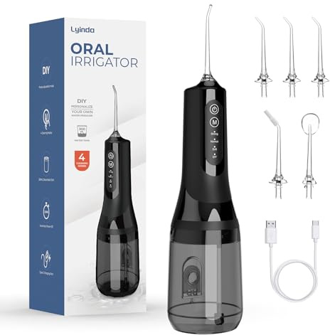 Lyinda Hydropulseur Portable, Irrigateur Oral Portable 300 ML avec 5 Buses et 4 Modes, USB Rechargeable Étanche IPX7, Portable Water Flosser Pour La Maison et Les Voyages. Noir