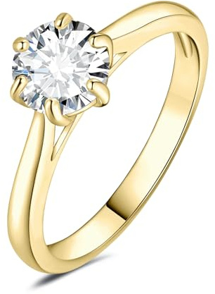 JewelryPalace 1ct klassisk 14K guldpläterad solitärring för kvinnor med kubik zirkon, simulerad diamant gyllene ringar rund sten, enkel ring förlovning guld smycken set kvinnor 10,5