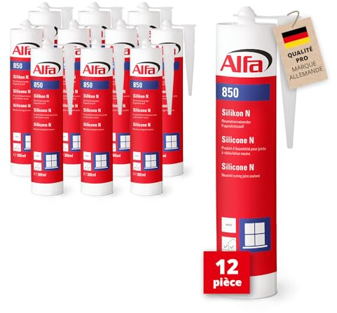 Alfa Silicone N noir – Salle de bain – toiture fenêtre – 12 pièces | Mastic scellant neutre pour joints de fenêtre, porte et vitrage, intérieur et extérieur, résistant UV et intempéries
