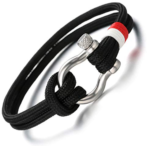 'HALUKAKAH ● SAIL ● Men's Nylon Rope Cord Bracelet Multilayer Blue Mix White/Red Handmade Silver Screw Clasp 8.26''/21cm with Free Giftbox'