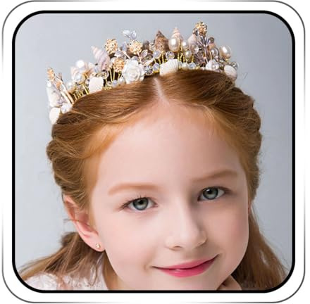 IYOU Gold Muschel Haarschmuck für Blumenmädchen Kopfschmuck Princess Blume | Brautschmuck Hochzeit Perle Haarkette Kristall Braut Meerjungfrau